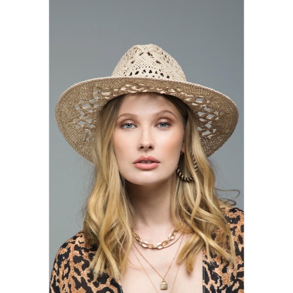 SOLD OUT Natural Bohemian Handwoven Open Weave Faux Leather Banded Panama Hat - Picture 2 of 6